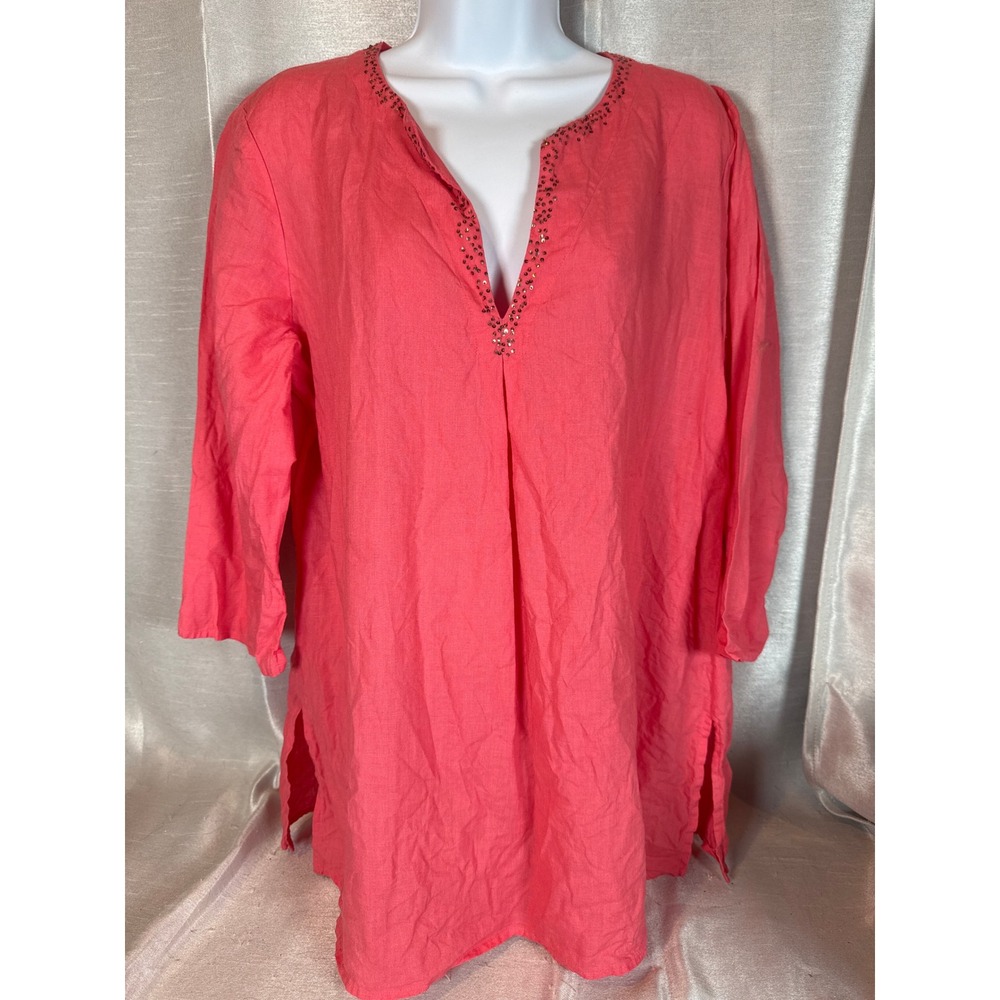 EILEEN FISHER Coral Linen Blend Tunic Top Embellished V Neck 3/4 Sleeve